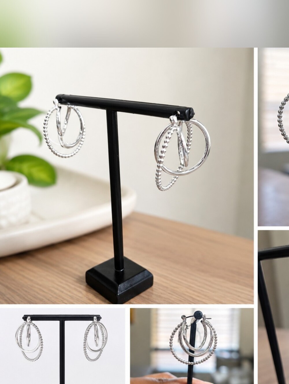Silver Tone Triple Hoop Statement Earring